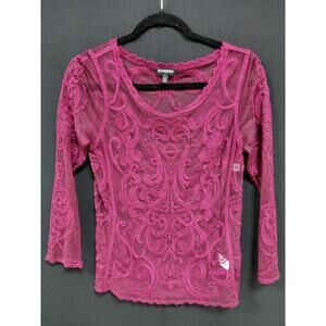 EXPRESS Lace Sheer Top Pink Solid 3/4 Sleeve Women Size XS
